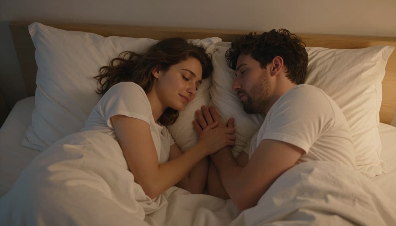 Cozy bedroom at night with soft warm lighting, featuring a couple lying close together on the bed; the man gently rests his hand on the woman's hip with a tender expression, while she looks relaxed and content, highlighting emotional connection and care.
