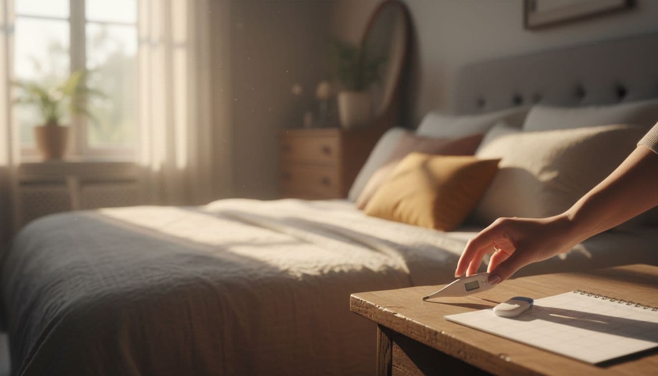 Cozy bedroom scene with one ovulation test kit, basal thermometer, and blank calendar on nightstand; woman's hand gently placing thermometer in soft morning light, warm tones, focused on simple tracking tools.