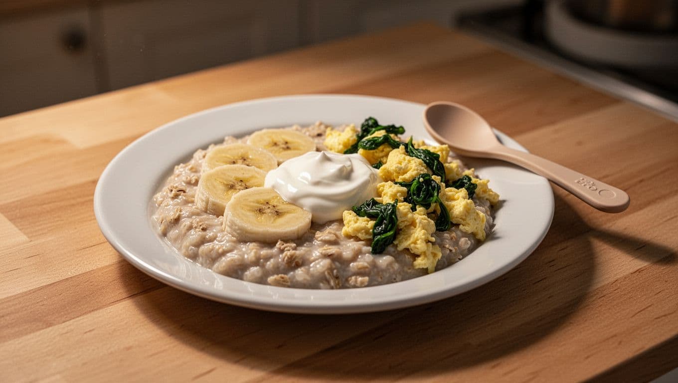 Small white plate on kitchen table holds creamy oatmeal with mashed banana, yogurt, and spinach scrambled eggs.