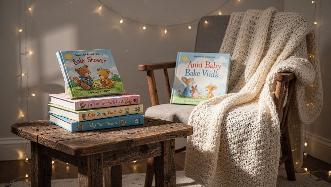 A rustic wooden table displays a stack of classic children's books beside a chair draped in a soft knitted blanket. Warm fairy lights create a gentle, inviting glow throughout the room.