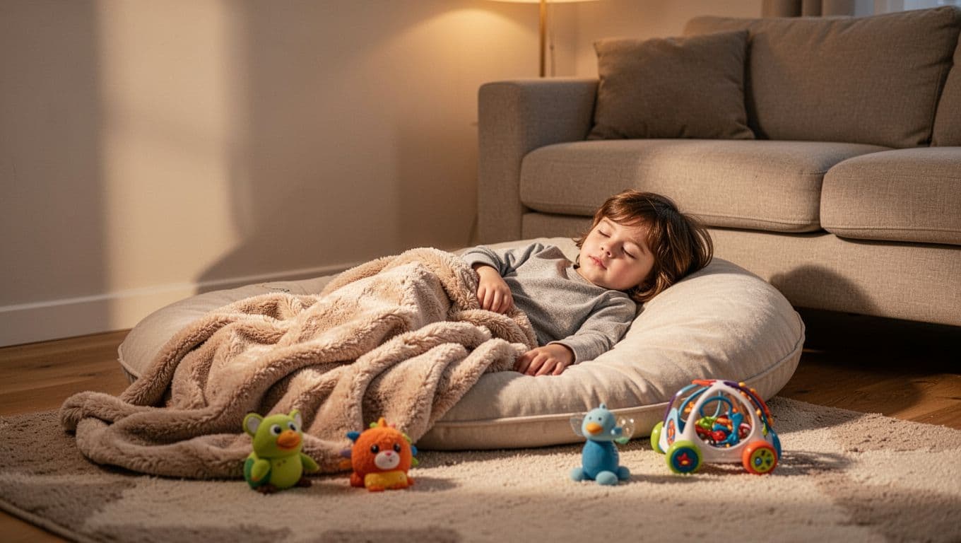 A child rests comfortably in a peaceful living room corner filled with soft pillows and calming toys.
