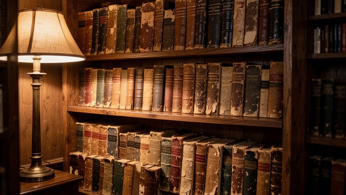 A dark wooden bookshelf packed with aged hardcover books stands beside a glowing table lamp. Soft golden light highlights the rich textures of the weathered book spines in this inviting space.