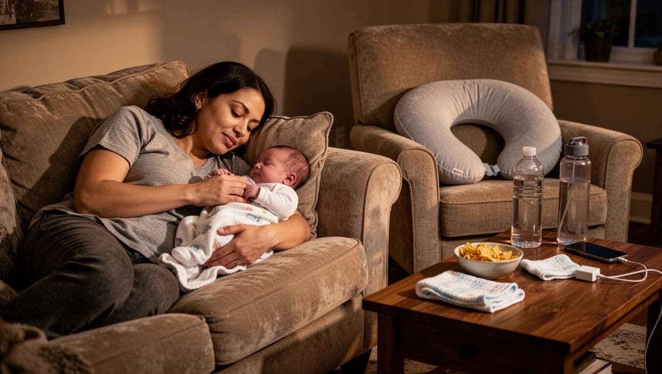 Practical living room feeding station with comfortable chair, nursing pillow, side table stocked with water, snacks, burp cloths, and phone charger. Mother side-lying nurses newborn on nearby bed in soft lighting and warm atmosphere.