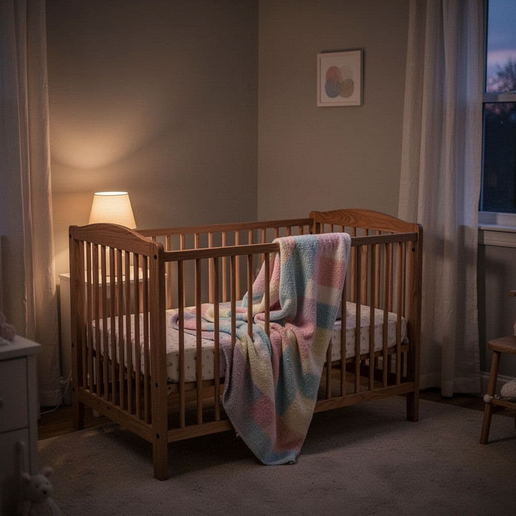A wooden crib sits in a dimly lit nursery illuminated by a warm, soft bedside lamp.