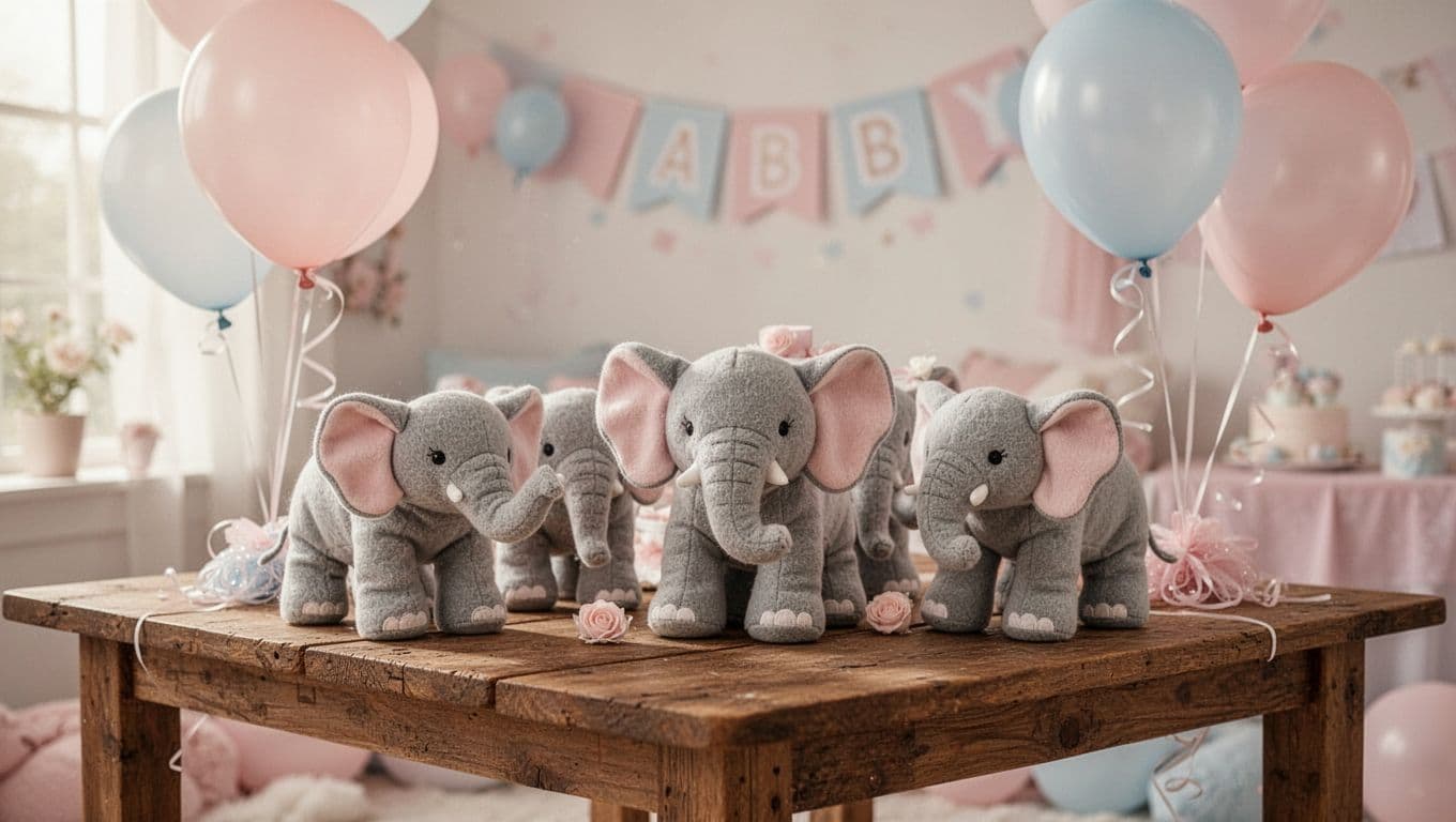 Soft pastel balloons and plush elephant toys sit atop a rustic wooden table. Gentle sunlight illuminates the delicate decorations, creating a peaceful atmosphere for a celebratory baby shower event.