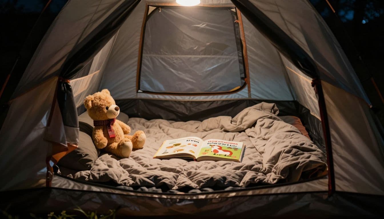 A plush stuffed animal rests on a folded colorful quilt inside a dim tent. A small open storybook lies near a sleeping bag, creating an inviting space for young children camping.