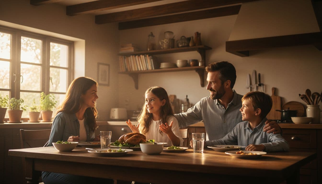 Realistic photo of parents and two young kids at a cozy kitchen dinner table, sharing highs and lows of the day with relaxed smiles and natural window light.