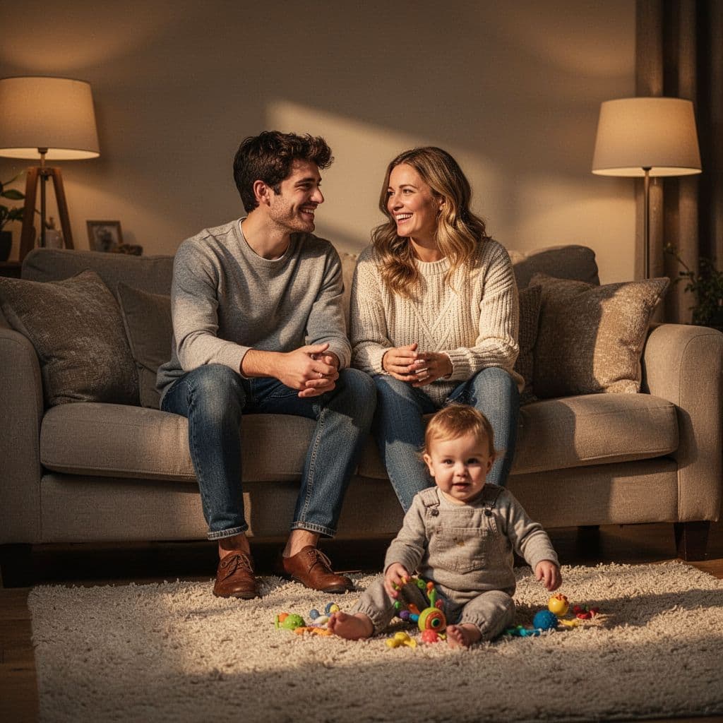A young couple sits on a comfortable sofa smiling at each other while their toddler plays with colorful toys on a plush rug. Warm golden lamplight fills the dim interior space.