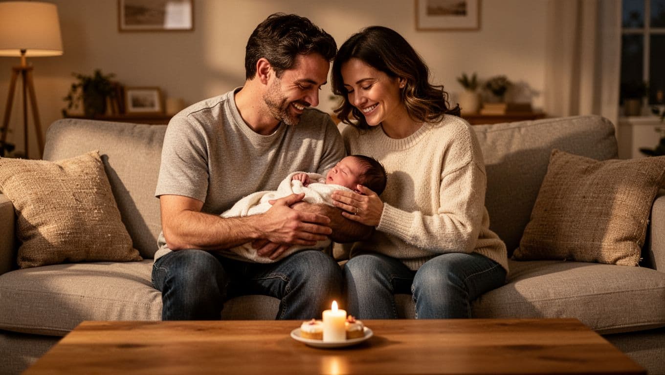 Two parents and newborn baby smile genuinely in cozy living room around candle and treat on coffee table.