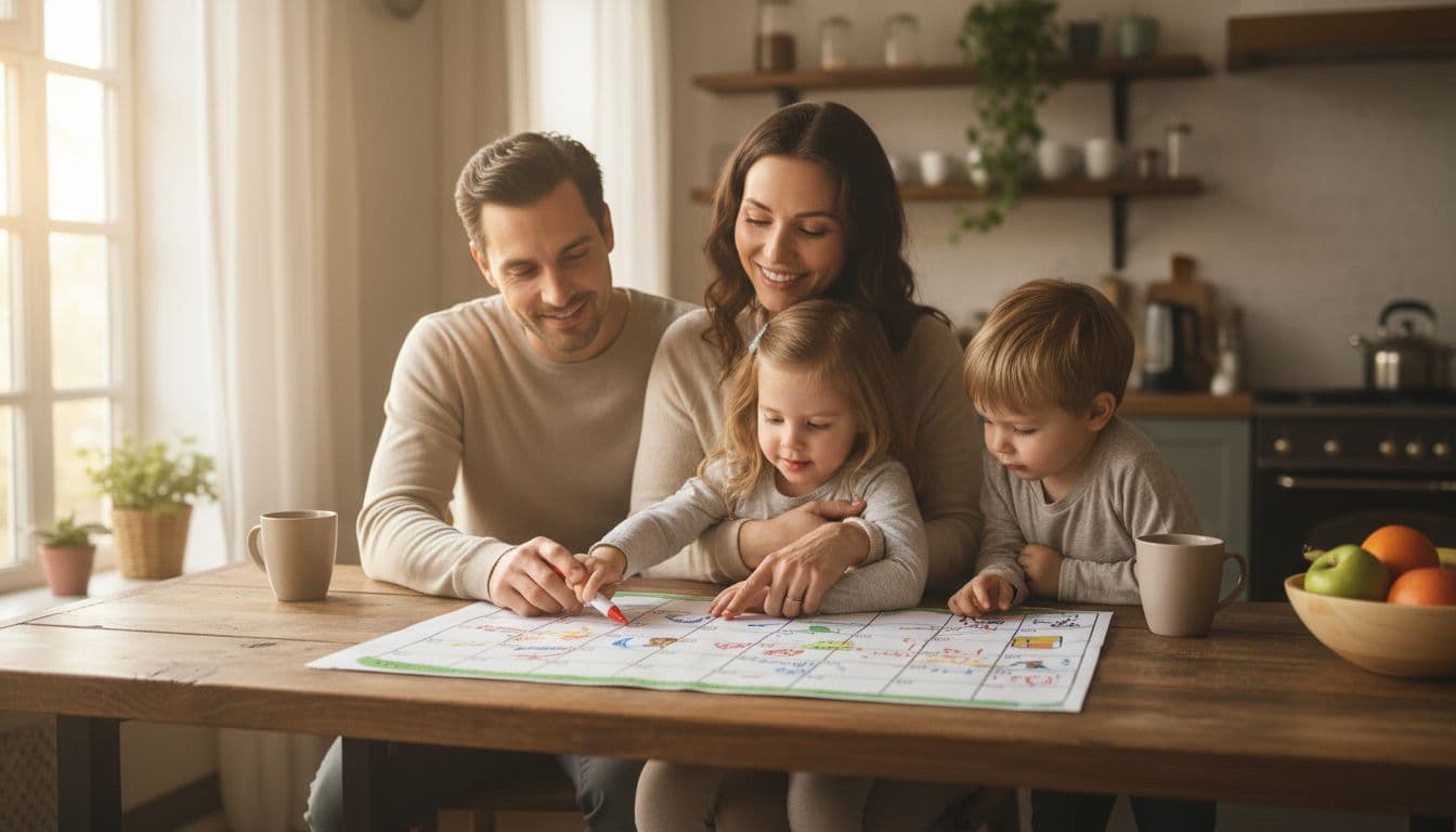 A cozy family of four, including parents and two young kids, sits around a kitchen table planning their weekly schedule on a colorful calendar with relaxed smiles in warm morning light.