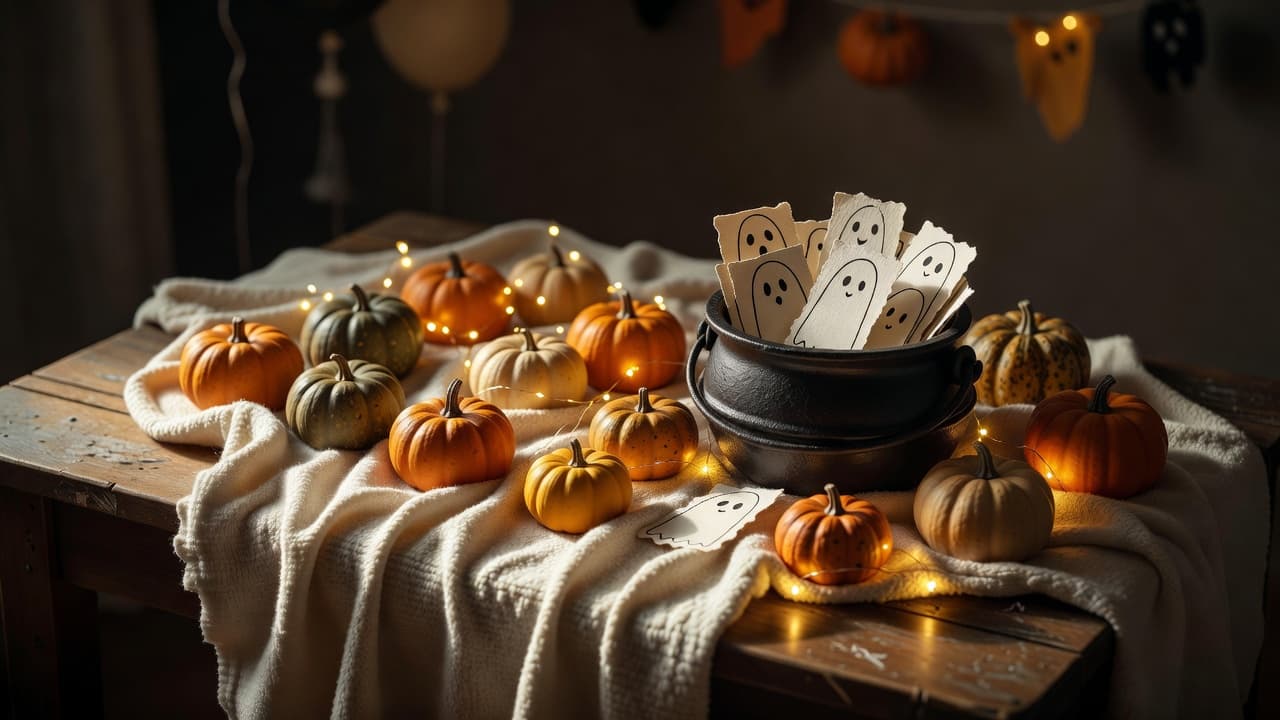 A festive baby shower table features pumpkins, fairy lights, and game cards held in a miniature cauldron.