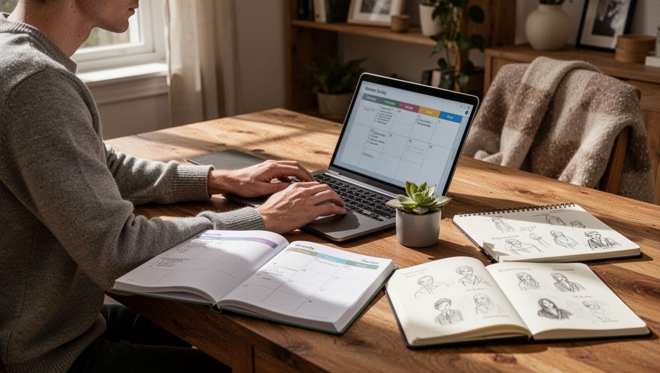 Person at desk in cozy home office uses laptop to schedule Pinterest pins, with open weekly calendar and notebook nearby.