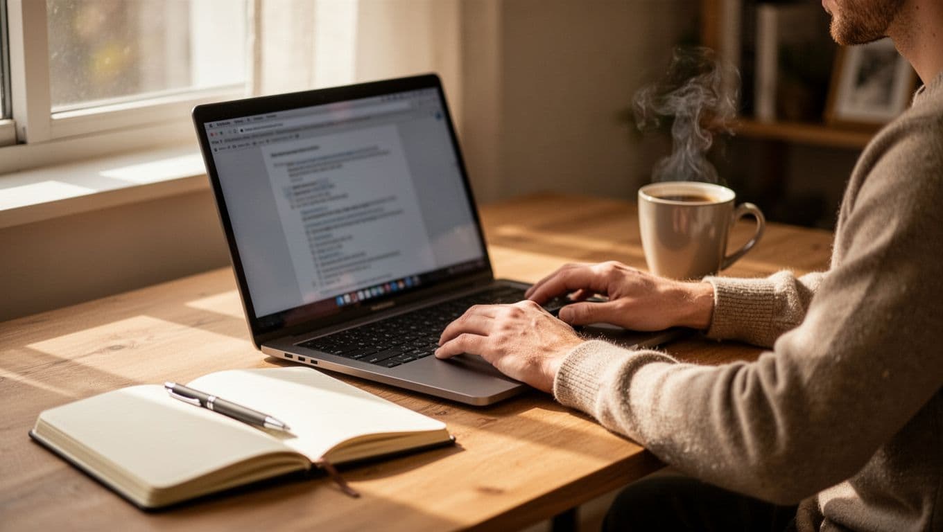 Side view of relaxed person at desk with laptop showing blurred Pinterest background, open notebook, steaming coffee mug, and natural window light.