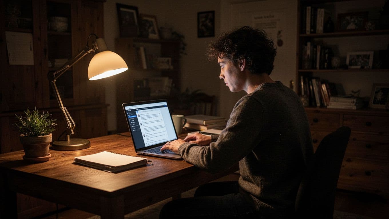 A person sits at a dimly lit wooden desk, illuminated by a warm lamp while reviewing digital data on a laptop. Deep shadows frame the focused workspace in a cinematic style.