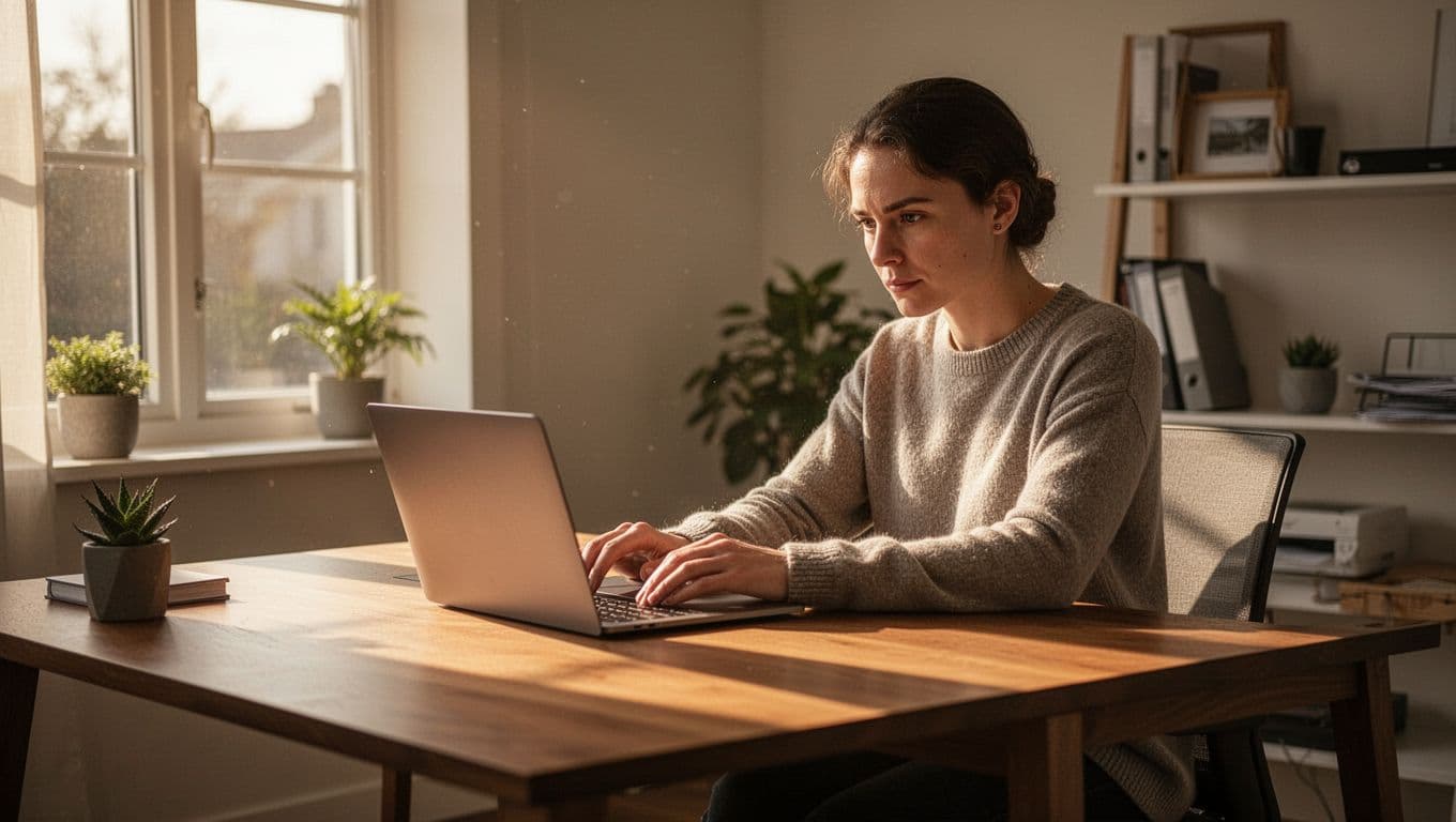 A person sits at a light wooden desk, focused on their laptop in a serene room. Warm sunlight highlights the clean setup, creating a peaceful atmosphere perfect for building digital income.