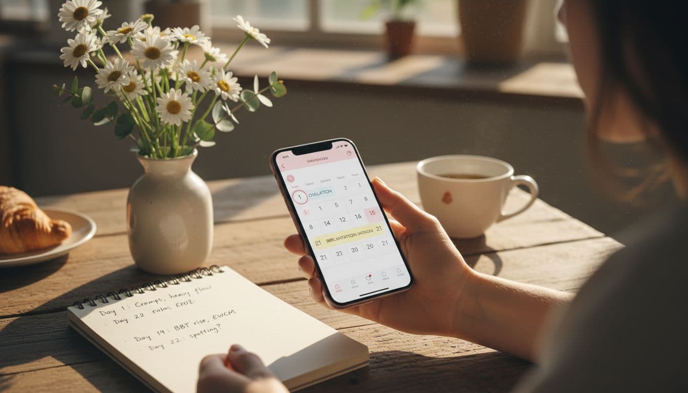 A woman's hand uses a smartphone app on a cozy kitchen table to track her menstrual cycle, displaying a simple calendar highlighting period, ovulation, and implantation window. Nearby notebook for symptom notes, fresh flowers, and morning sunlight create a serene scene.