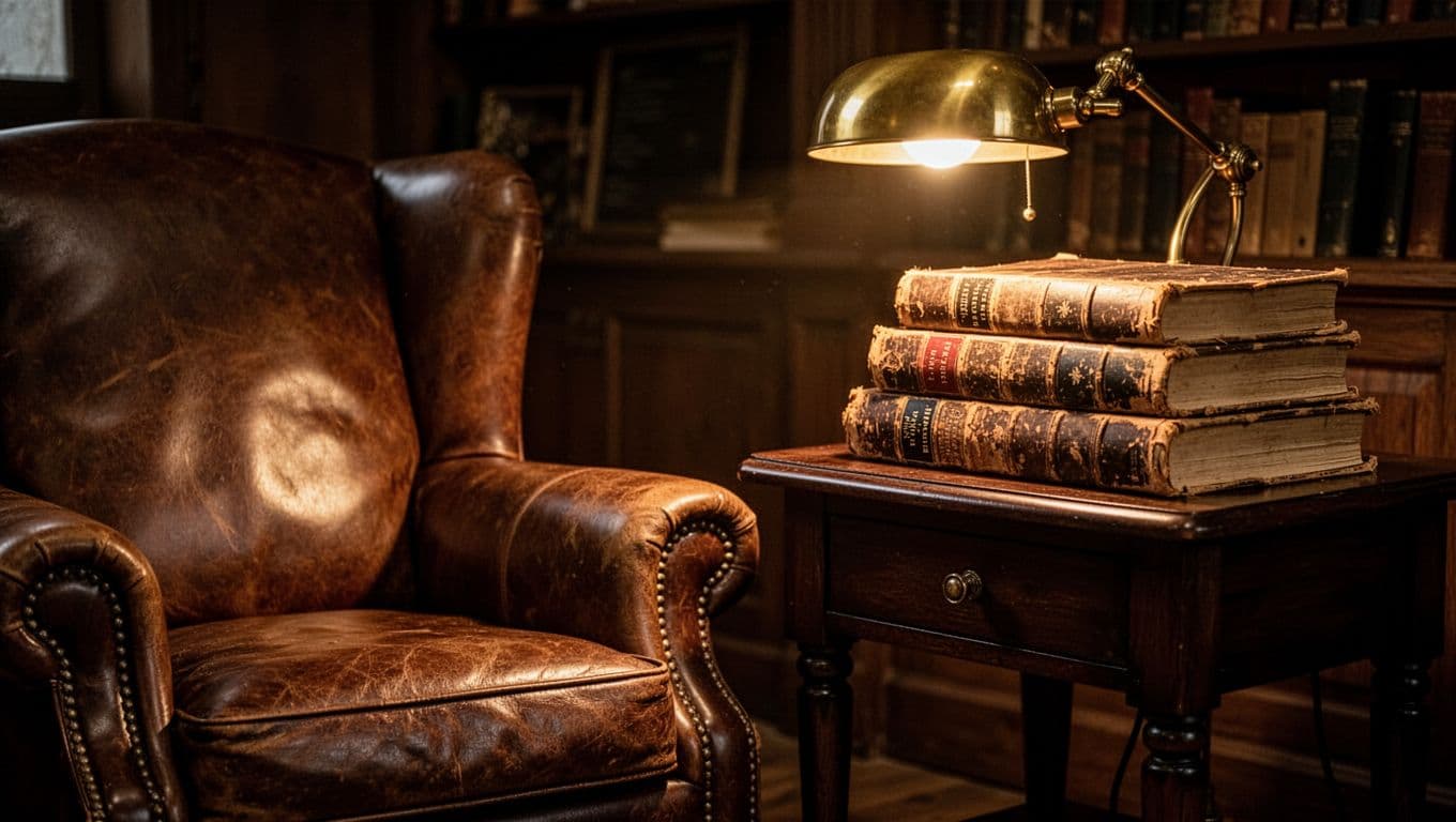 A dark wooden side table holds a tall stack of antique leather-bound books beside a plush leather armchair. A brass lamp casts a warm glow, highlighting rich textures and classic details.