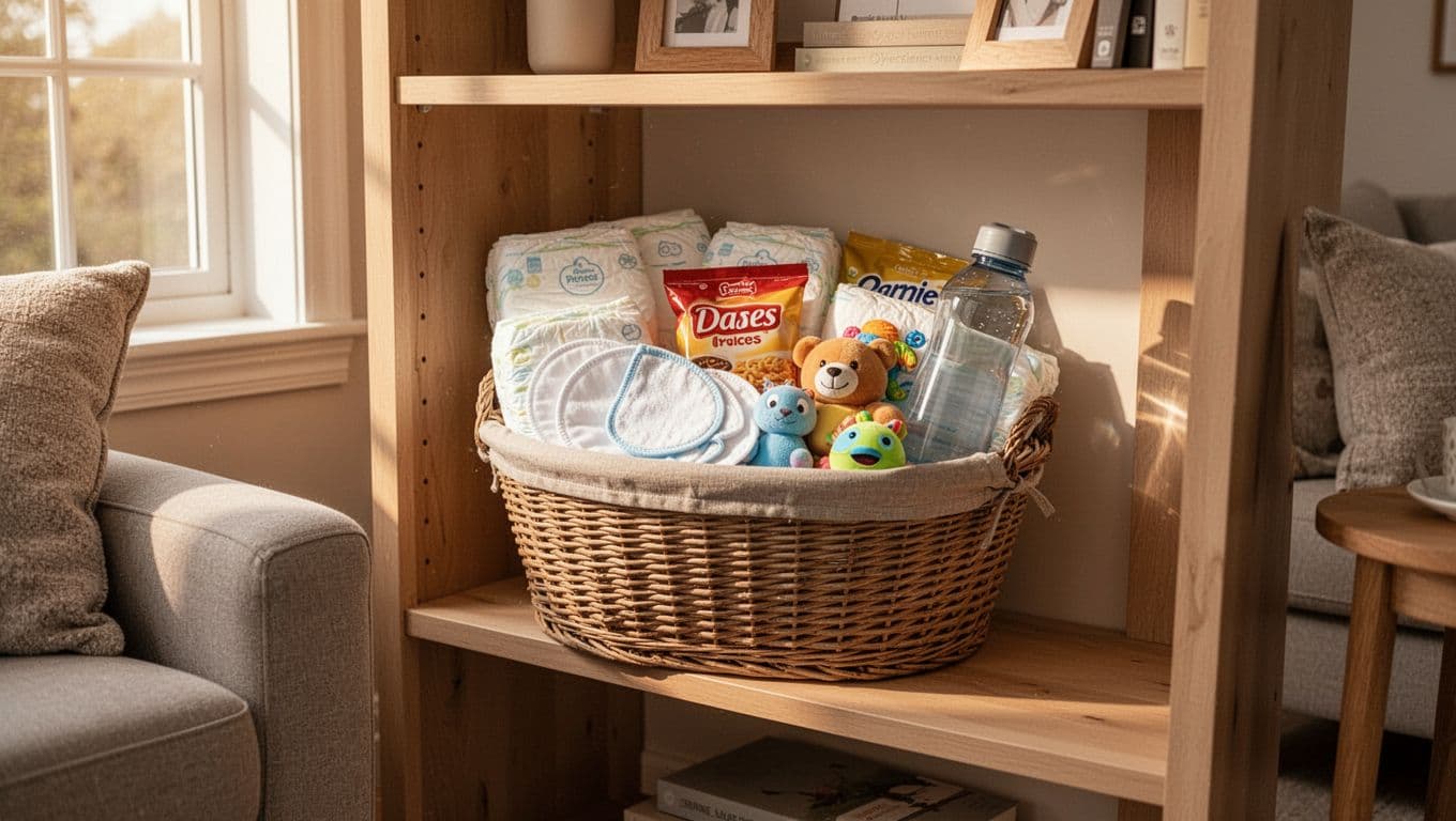 Cozy living room corner shelf holds neatly arranged basket with diapers, nursing pads, burp cloths, snacks, toys, and water bottle.