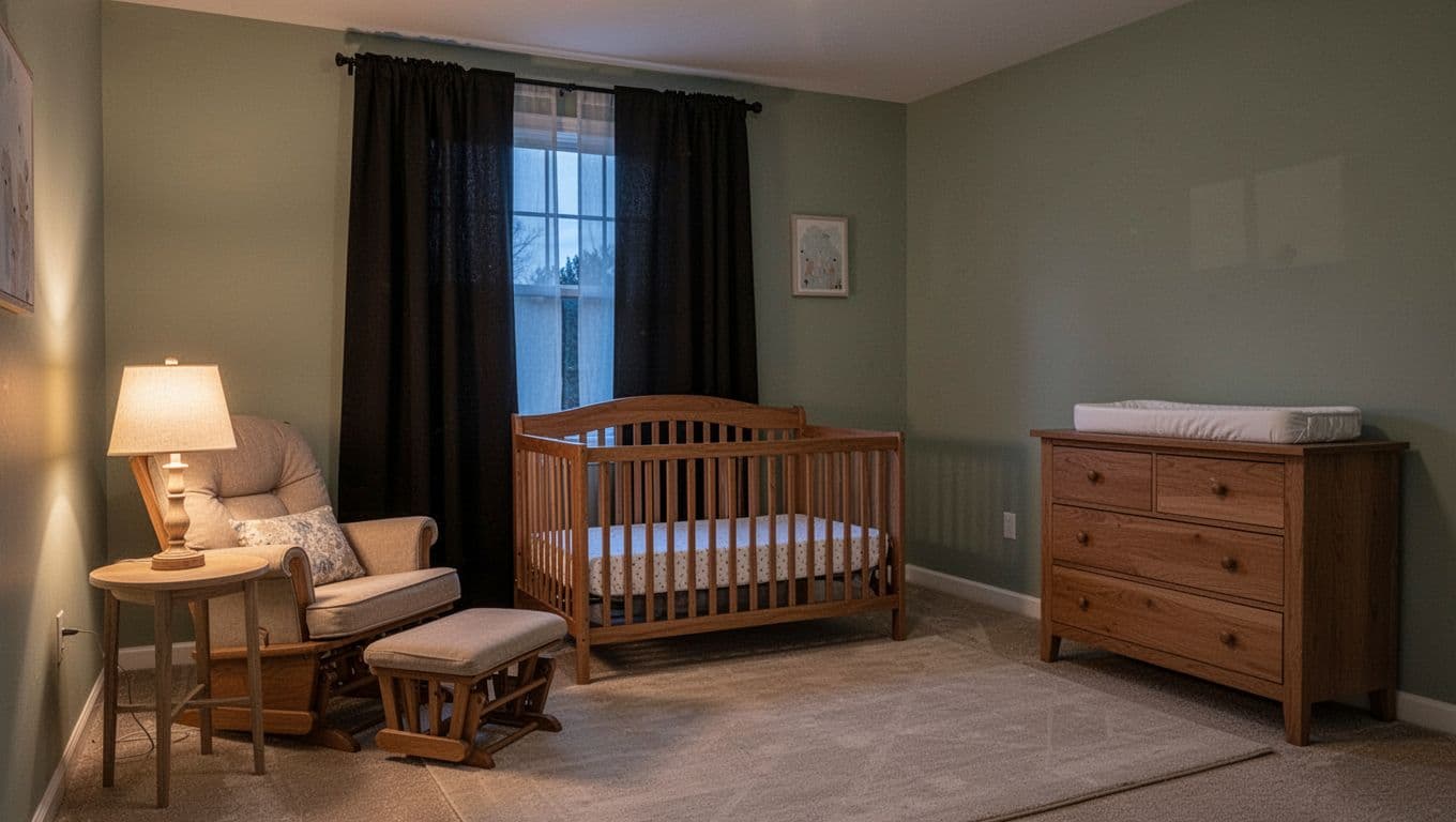 Serene evening baby nursery with warm glow from dimmable lamp beside glider chair, wooden crib, dresser, blackout curtains, soft sage walls, and neutral rug for optimal low-stimulation sleep environment without screens.