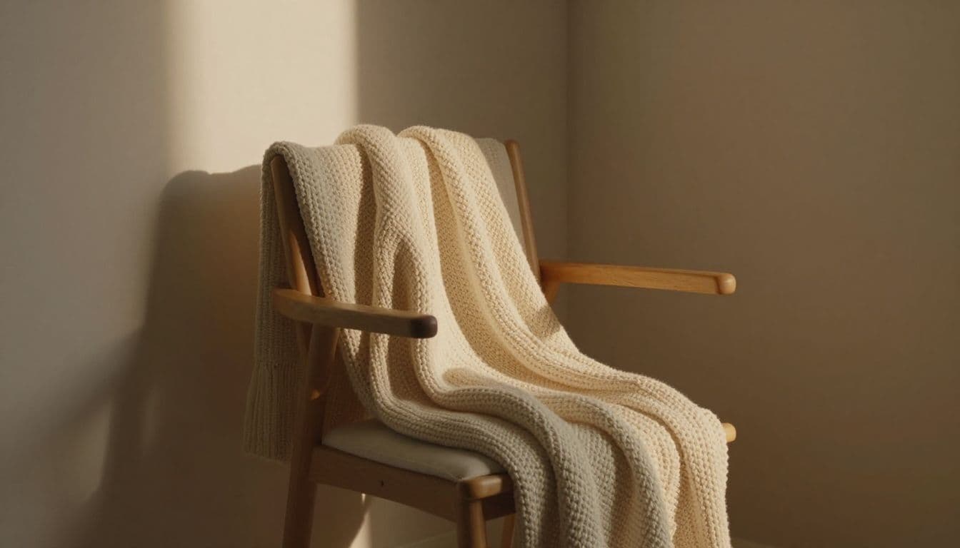 A soft cream-colored knitted blanket rests gracefully over a natural wooden chair inside a quiet room. Warm, gentle light floods the corner, emphasizing the cozy textures and peaceful atmosphere.