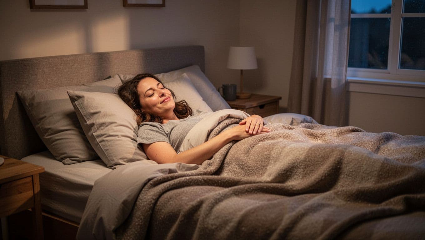 Mom lies relaxed in soft bed under dim early evening light in cozy bedroom.