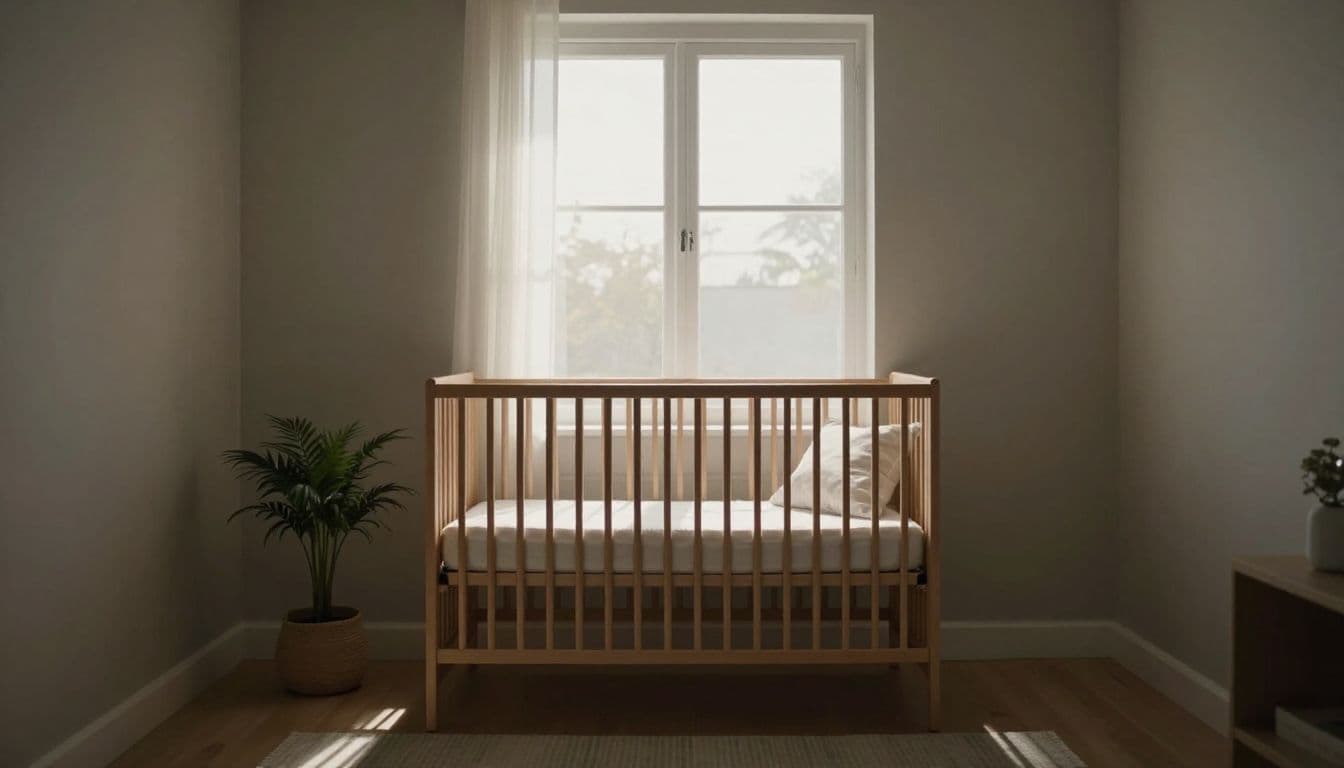 A minimalist wooden crib sits centrally in a sunlit room featuring soft neutral textures and a delicate potted plant. Golden morning light creates deep shadows and a peaceful, cinematic nursery atmosphere.