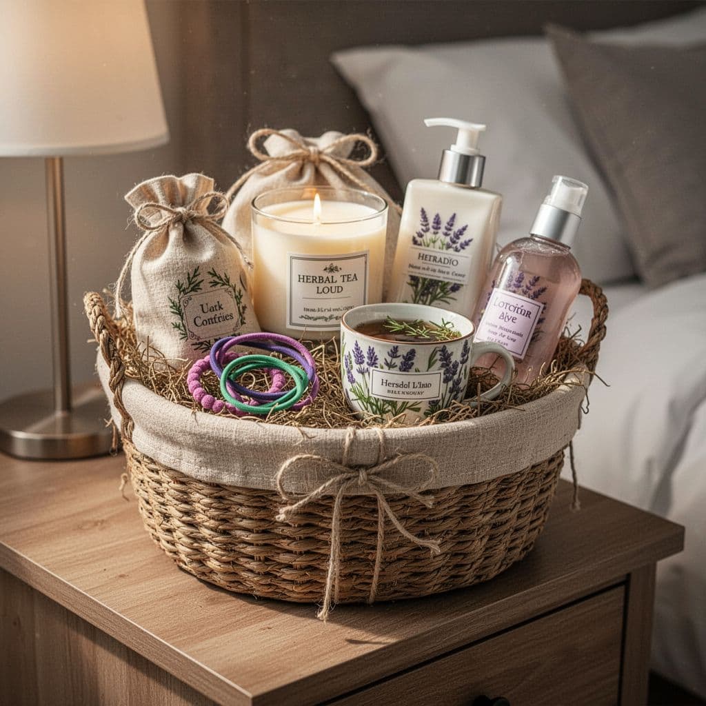 A woven basket resting on a bedside table contains a scented candle, moisturizing lotion, herbal tea packets, and velvet hair ties. Warm lighting creates a peaceful glow in the soft room.