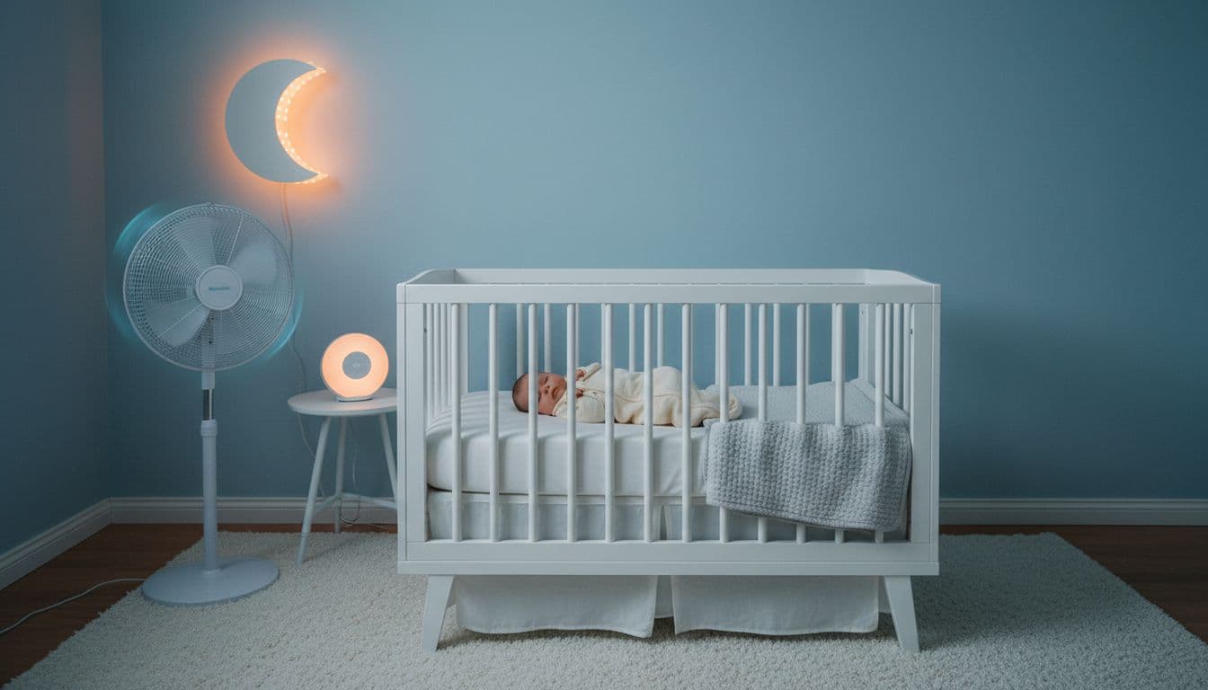 Realistic photo of a cozy nursery room for newborn sleep, with crib, simple bedding, fan for cool temperature, white noise machine, baby in sleep sack sleeping on bed, and dim warm night light. Exactly one baby visible, no parents, text, or logos.
