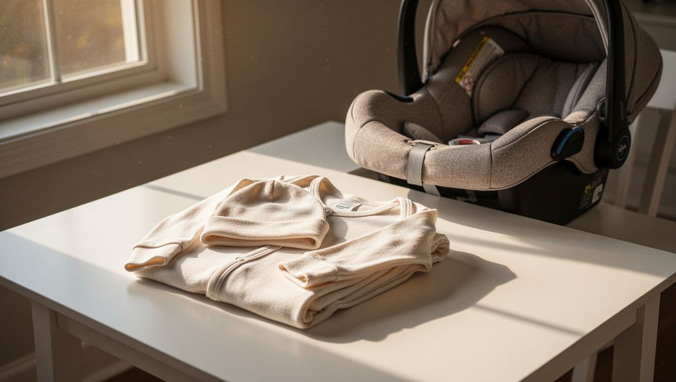 A soft cotton onesie and beanie are folded precisely beside a neutral-toned infant car seat. The arrangement rests on a clean white surface bathed in gentle, warm morning light from nearby.