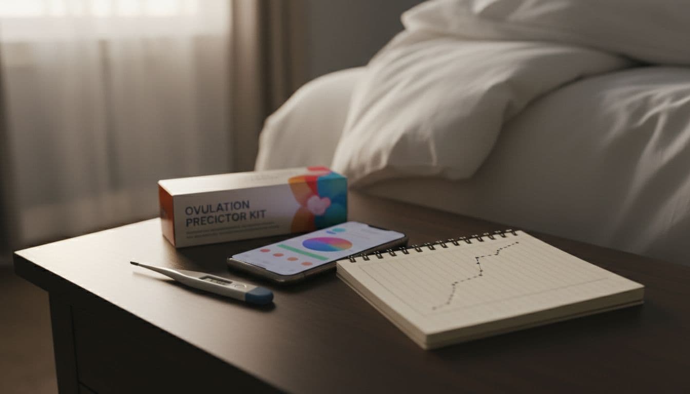 Cozy bedroom nightstand displaying a basal body thermometer, unopened ovulation predictor kit box, smartphone with blurred cycle app, and notebook with temperature chart, bathed in soft morning light from the window in a realistic angled photo.