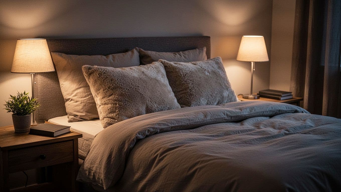 A neatly made bed with plush pillows and a soft duvet sits under warm ambient lighting. A small bedside table holds a resting closed book and a healthy green plant.