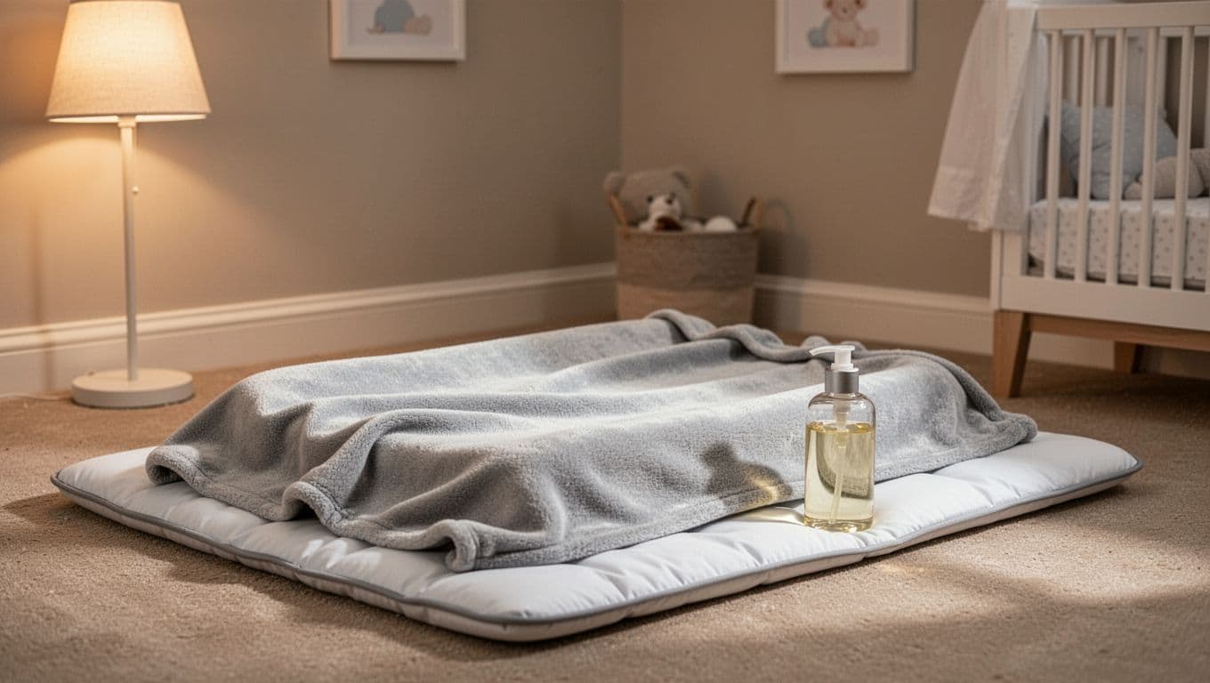 Soft blanket on padded changing mat on floor next to glass baby oil bottle, lit by warm lamp in serene nursery corner.