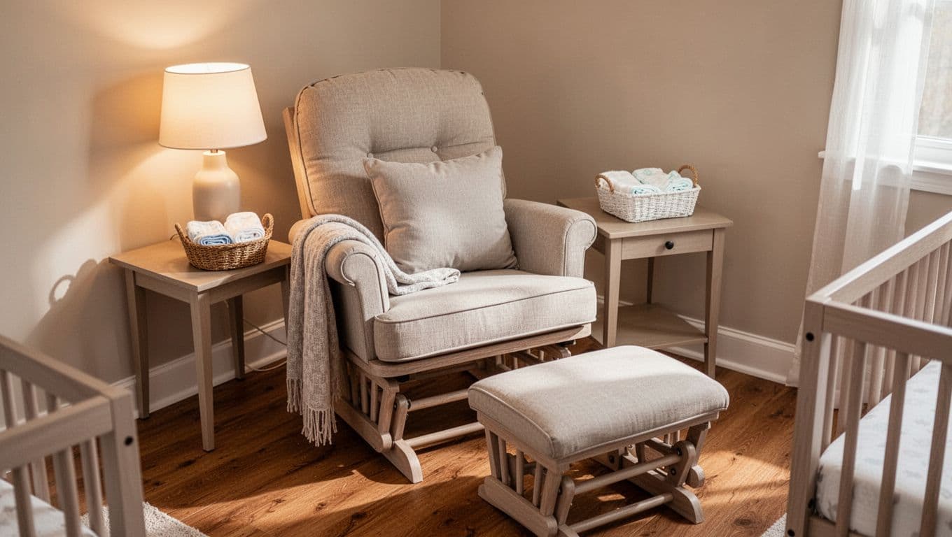 Peaceful nursery corner with supportive glider rocking chair in neutral fabric, small side table holding dimmable lamp, basket of burp cloths, cozy pillow and throw, footstool, soft lighting, warm wood floors, neutral walls.