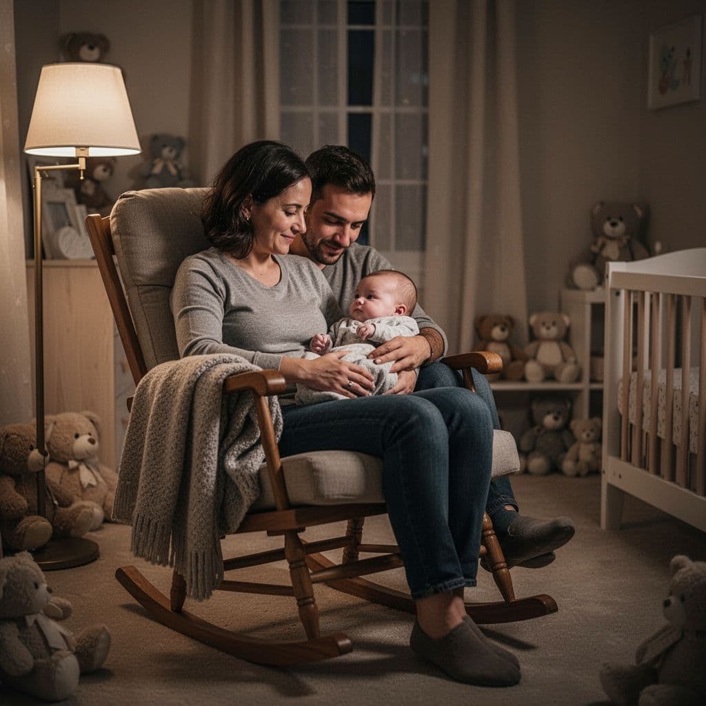 Parent holds baby in rocking chair in dimly lit nursery with soft lamp light.