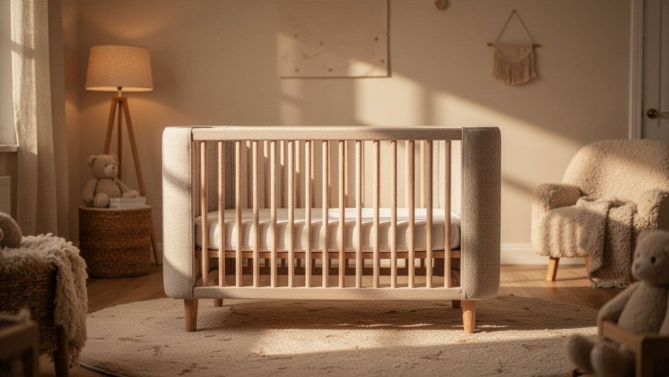 A wooden crib sits against a soft-textured wall in a dimly lit nursery. Gentle light spills across the room, highlighting a cozy blanket arrangement and creating a calm, serene atmosphere.