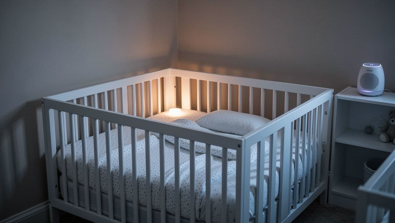 Empty nursery room with safe crib, dim nightlight, white noise machine, and soft neutral colors.