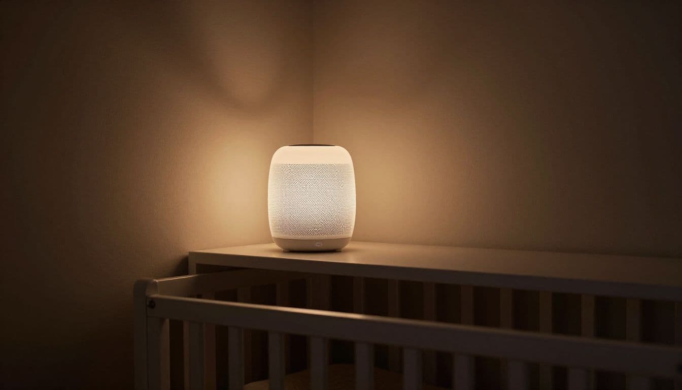 A modern white noise machine sits securely on a high wooden shelf inside a softly lit bedroom. Warm ambient light casts gentle shadows near the crib, emphasizing a safe, peaceful sleep environment.