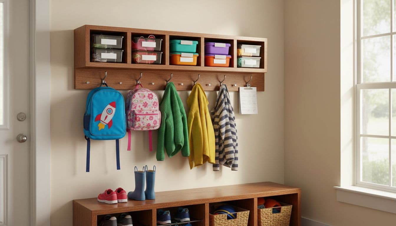 Cozy entryway near front door with wooden launch pad shelf holding colorful kids backpacks, shoes, jackets, lunch boxes, and permission slips, neatly organized in one spot. Realistic family home photo with warm natural light, no people, clean simple composition.