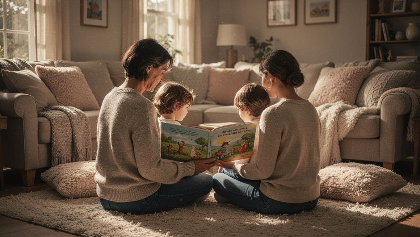 A warm living room features soft textured blankets and plush cushions arranged on a sofa. A parent and child sit together quietly, bathed in soft afternoon light creating a peaceful atmosphere.