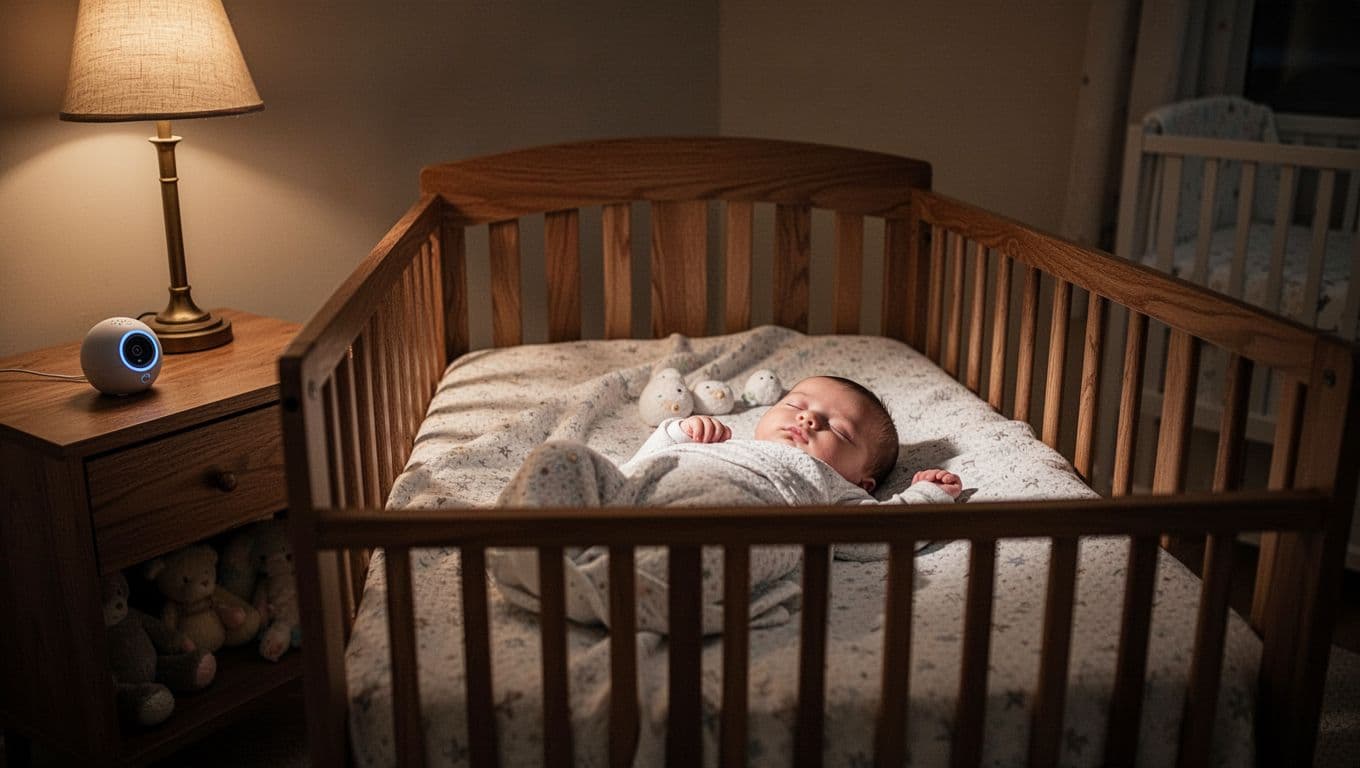 A wooden crib sits centered in a dimly lit nursery, illuminated by the warm, soft glow of a bedside lamp. A small white noise machine rests on a dark side table nearby.