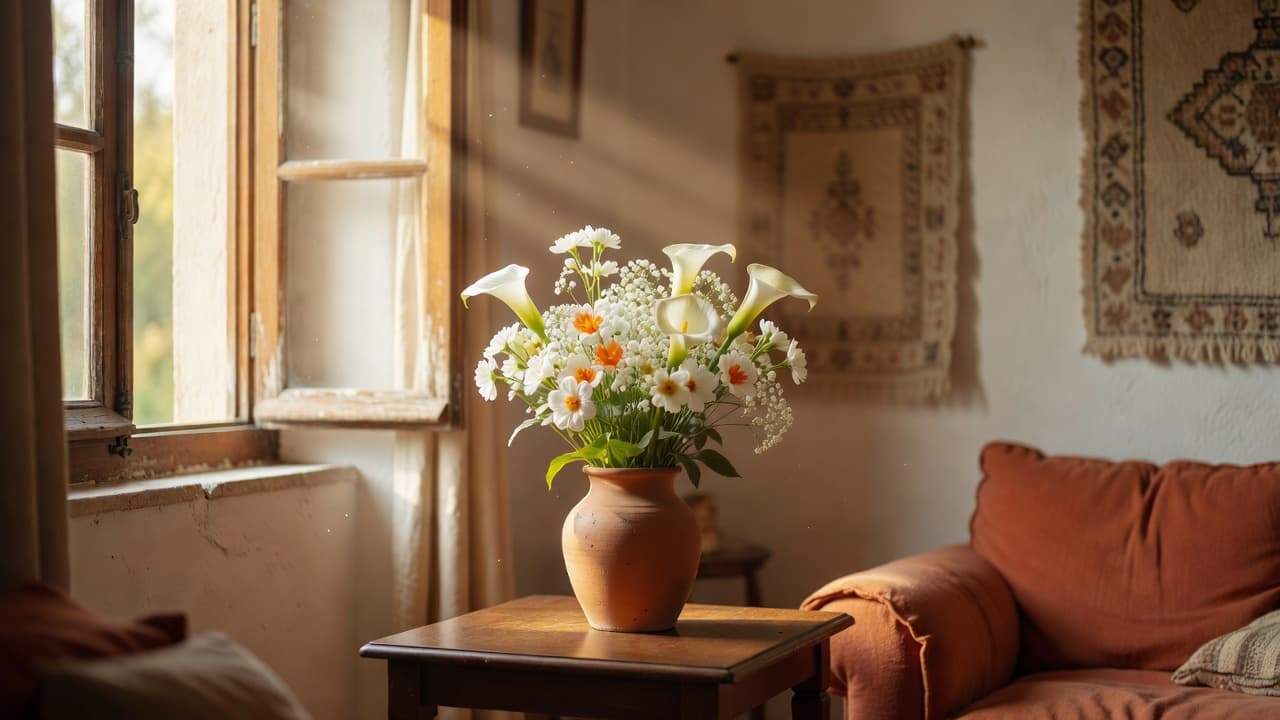 A glass vase filled with fresh white flowers sits on a weathered wooden sill. Warm sunlight streams through an open window, casting soft golden glows across the textured rustic plaster walls.