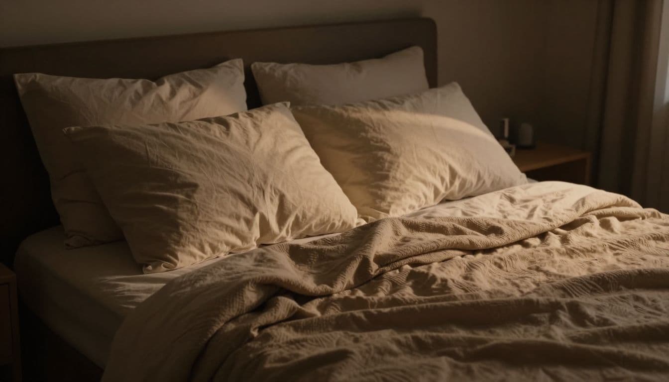 A plush unmade bed with soft, layered blankets and numerous pillows sits in a dimly lit room. Warm light highlights the rich fabric textures while dramatic shadows create a quiet, healing atmosphere.