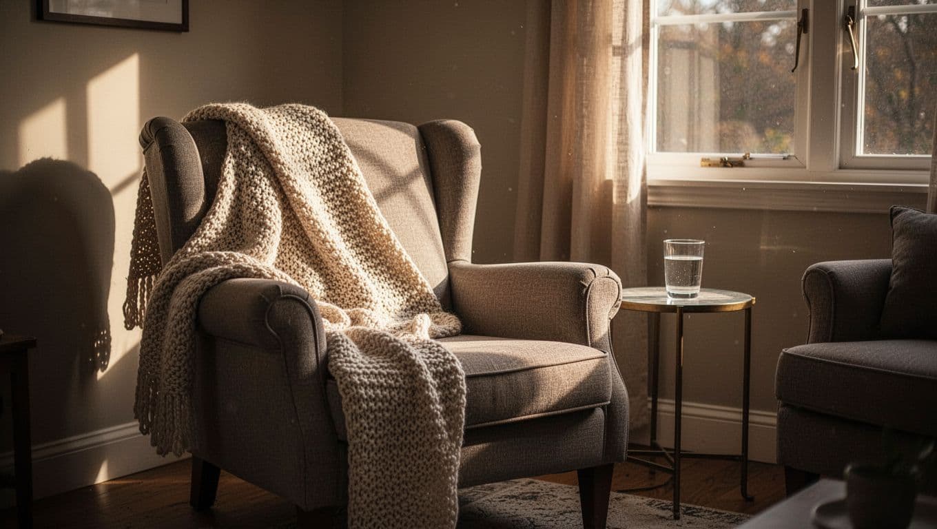 A plush armchair sits bathed in golden sunlight within a peaceful living space, featuring a soft knitted blanket draped across the cushion and a clear glass of water on a side table.