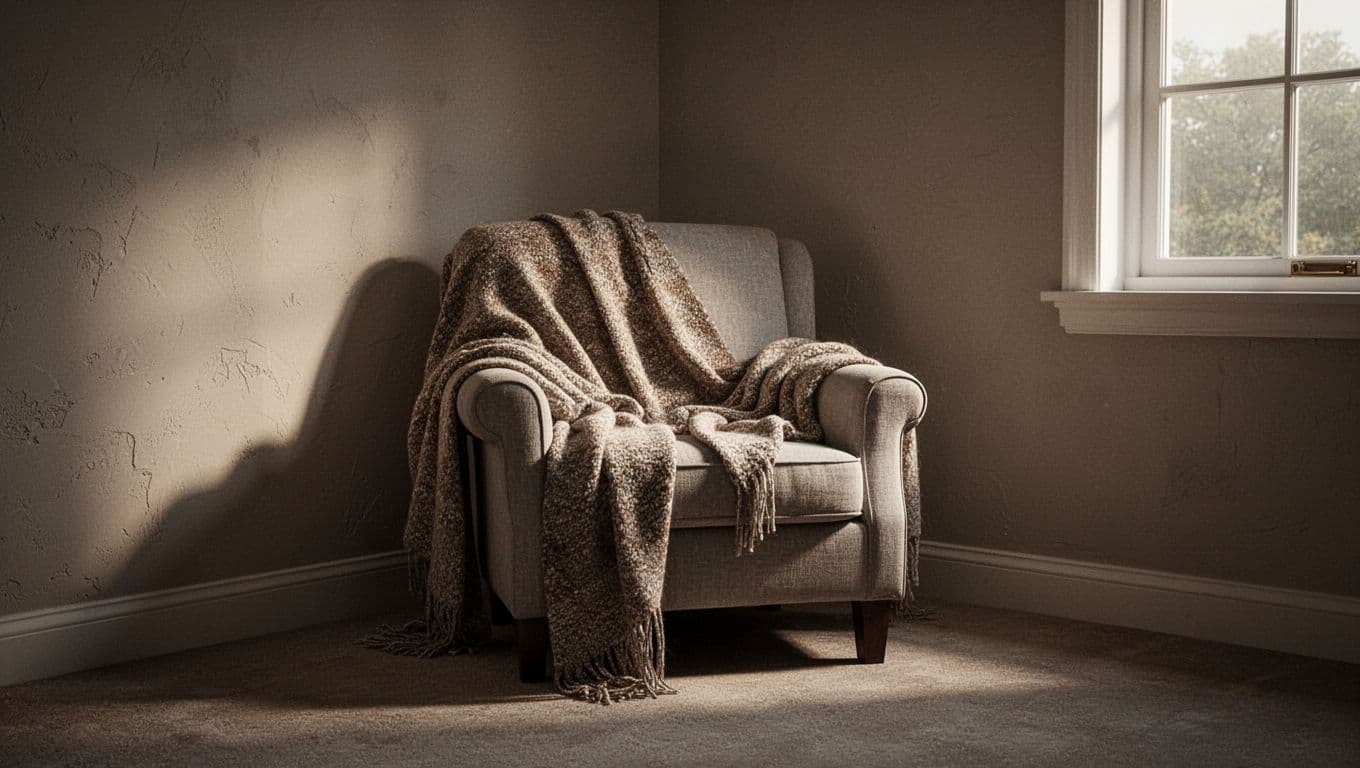 A plush armchair draped with soft, knitted blankets sits in a quiet bedroom corner. The warm ambient lighting highlights the gentle textures, creating a peaceful space for rest and recovery.