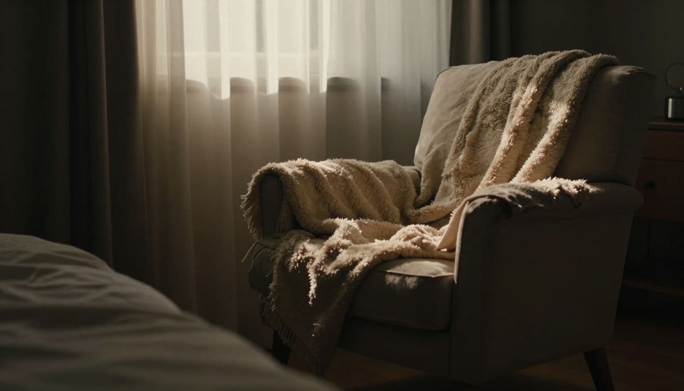 A soft velvet chair draped with a thick knitted blanket sits near sheer curtains. Warm morning sunlight glows through the fabric, creating a peaceful and restorative atmosphere for new parents.