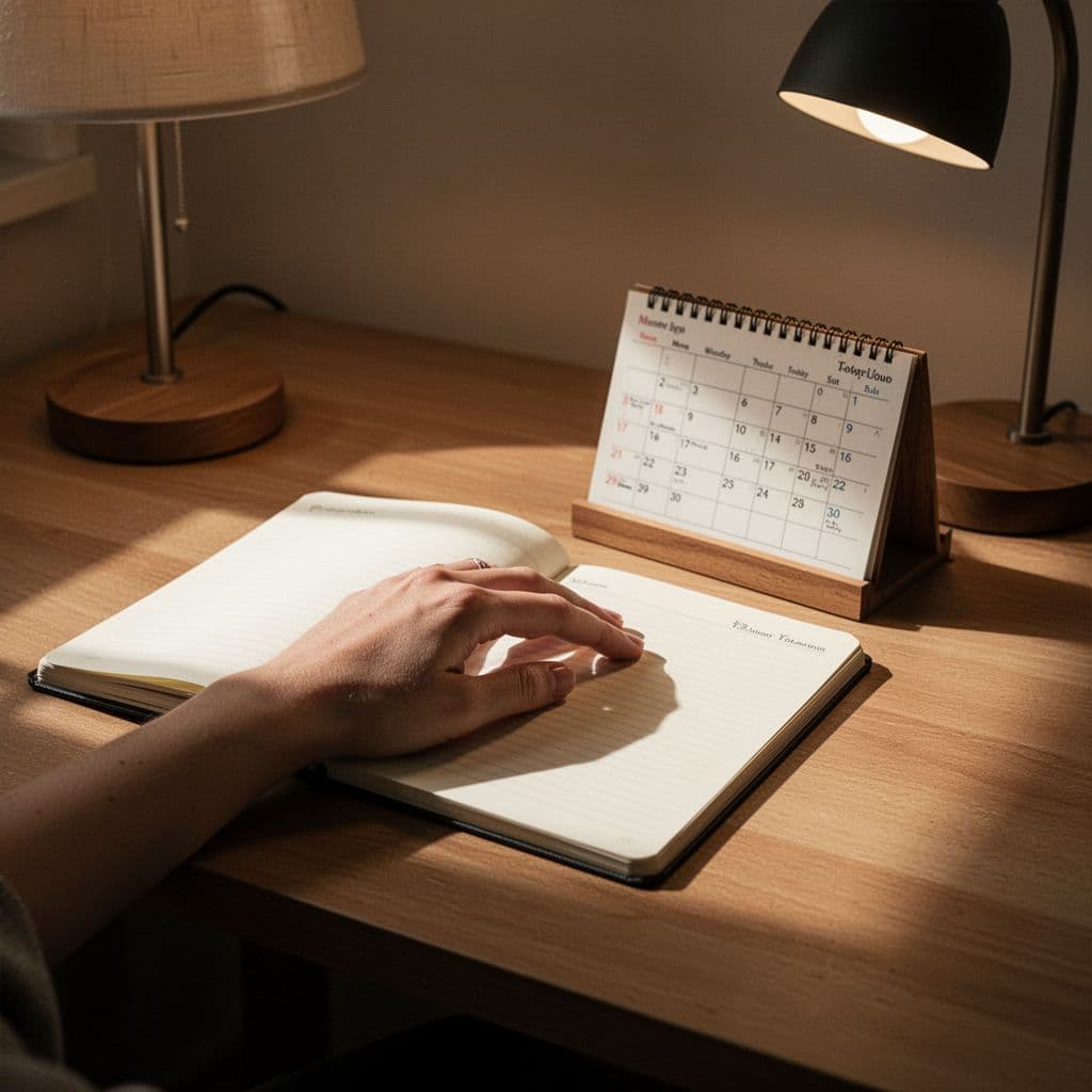 An open journal sits on a wooden desk beside a small calendar and a warm glowing lamp. A single hand rests gently near the notebook as soft ambient light creates depth.