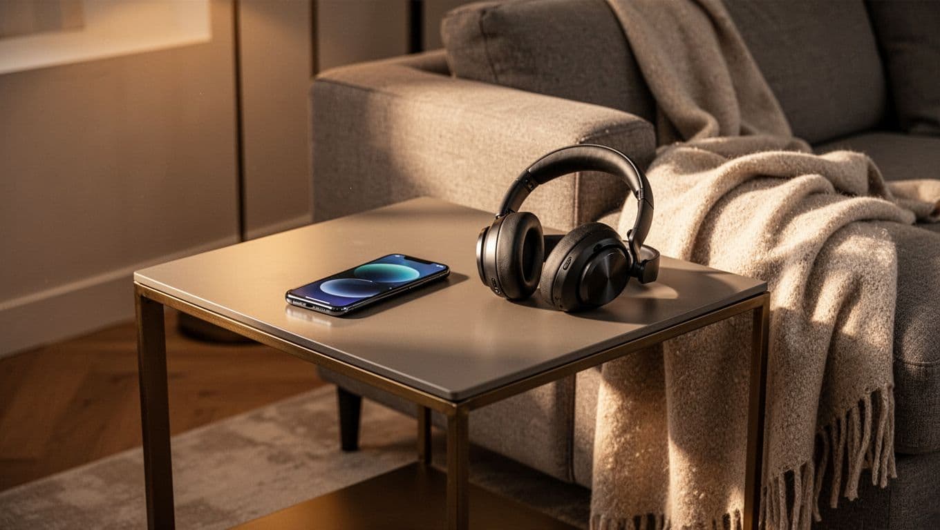 A smartphone rests on a minimalist side table beside plush wireless headphones in a dimly lit, cozy living room. A soft textured throw blanket is neatly draped over the armchair nearby.