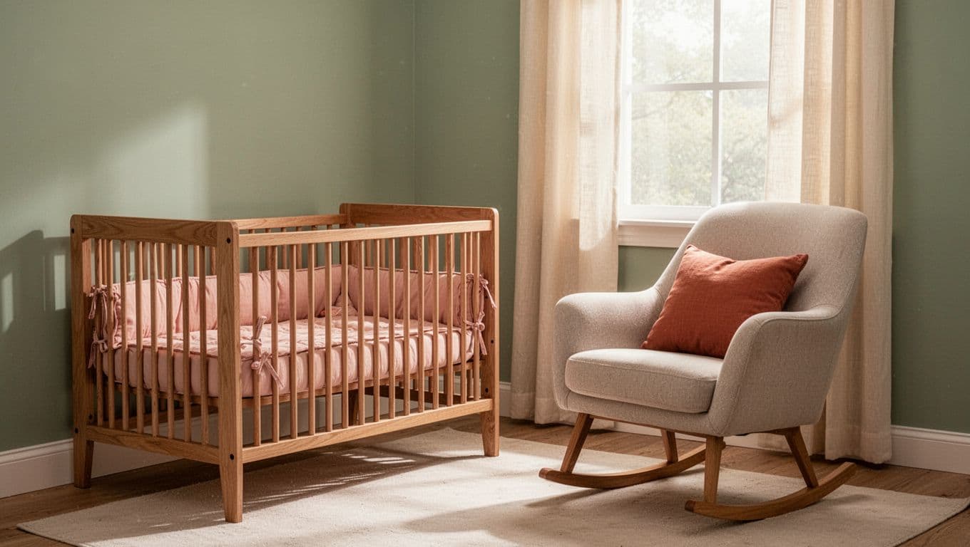 Cozy baby nursery corner with soft sage green walls, blush pink crib bedding, warm neutral rocking chair, cream curtains, wooden crib, and gentle diffused natural light creating a peaceful sleepy atmosphere.