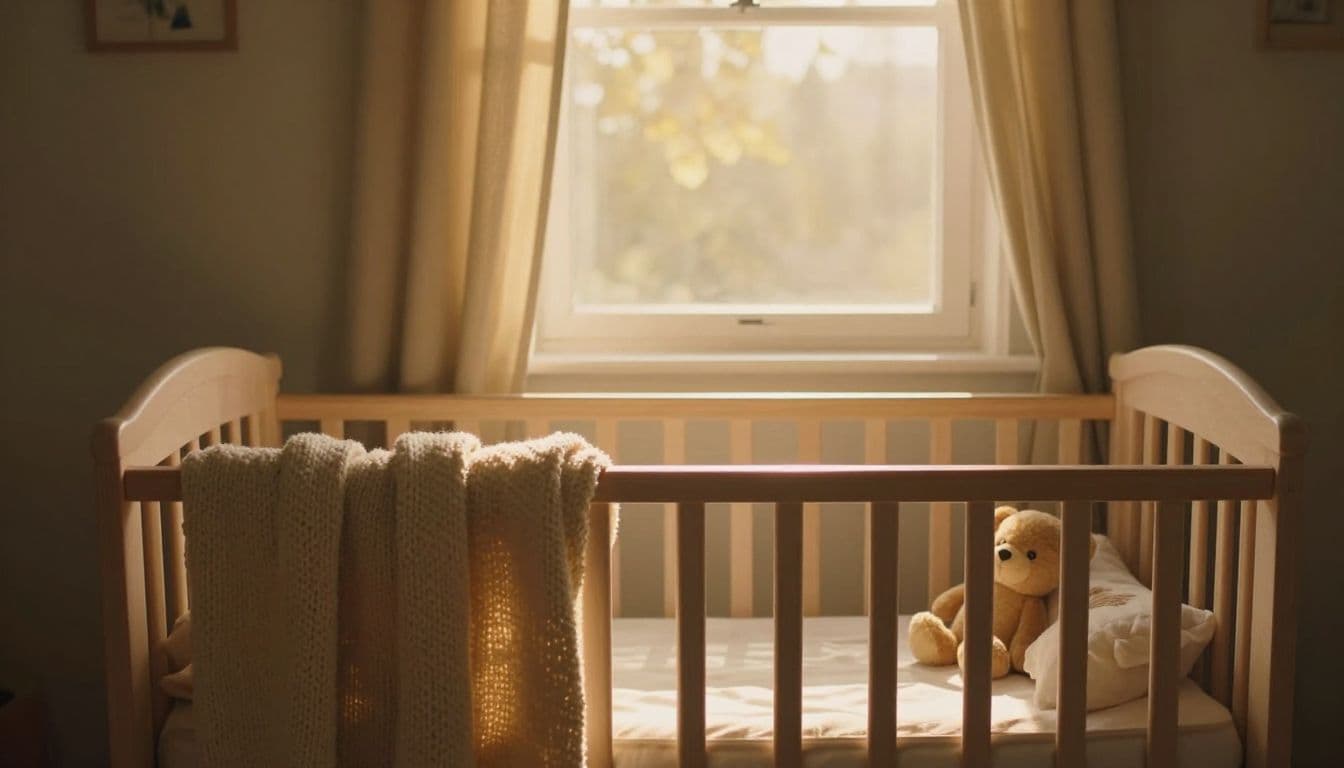 Golden light streams through a bedroom window, illuminating a wooden crib draped with a chunky knitted blanket. A small stuffed animal sits peacefully on the mattress against a soft, cinematic backdrop.