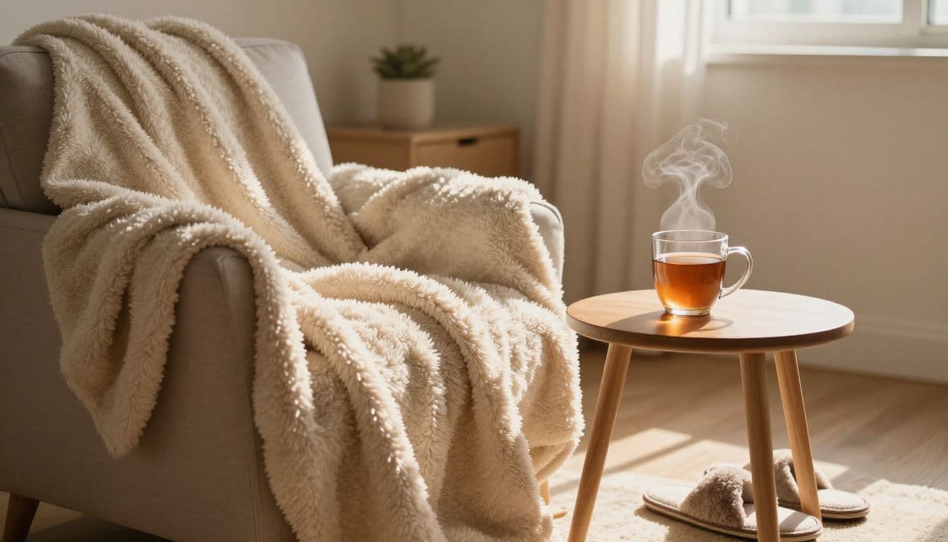 An oversized plush throw blanket rests over an armchair beside a wooden side table holding a warm cup of tea. Soft morning light creates a peaceful atmosphere with fuzzy slippers nearby.